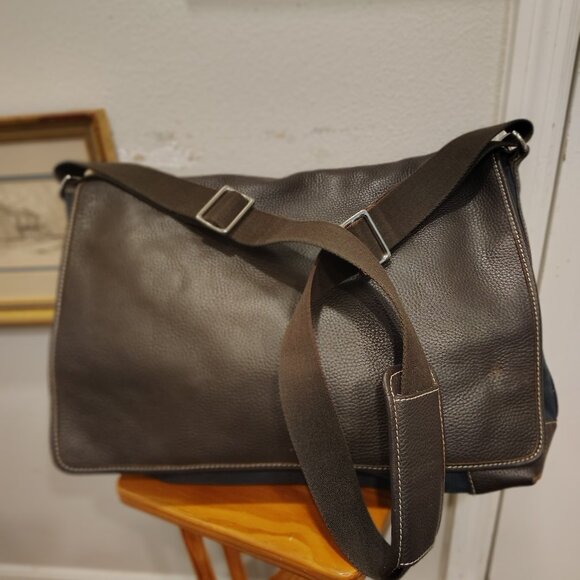 Lambertson Truex crossbody briefcase bag navy blue canvas or cotton and brown le - Picture 1 of 12